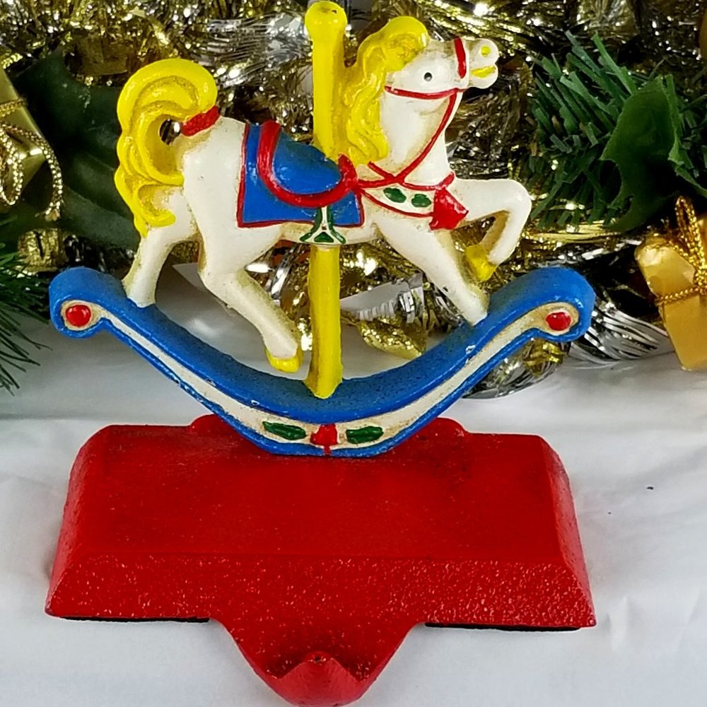 Carousel Rocking Horse Iron Xmas Stocking Holder for Fireplace Mantel Tabletop